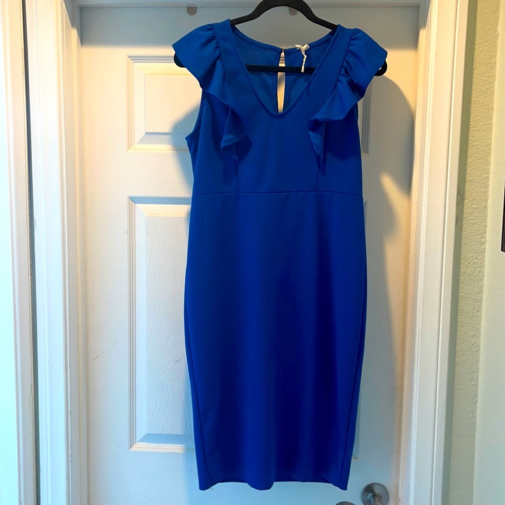 NWOT Pink Blush Maternity blue dress, size Medium